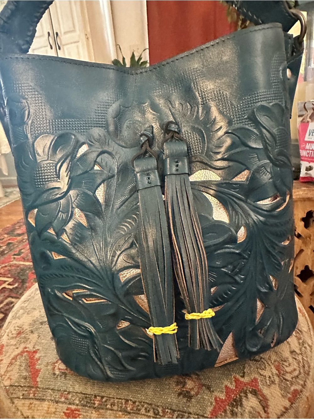 Patricia Nash ‘ Octavia’ Blue Tooled Leather Tassel Hobo Bag. NWOTs - Picture 3 of 14